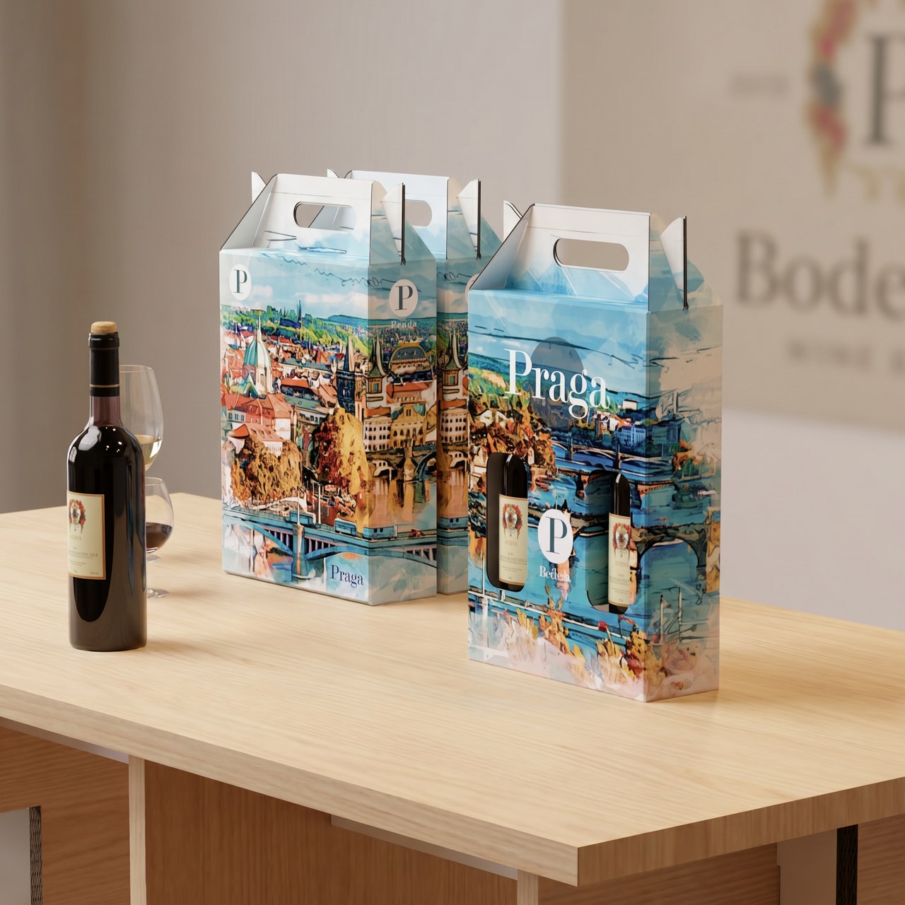 Caja de cartón para dos botellas de vino