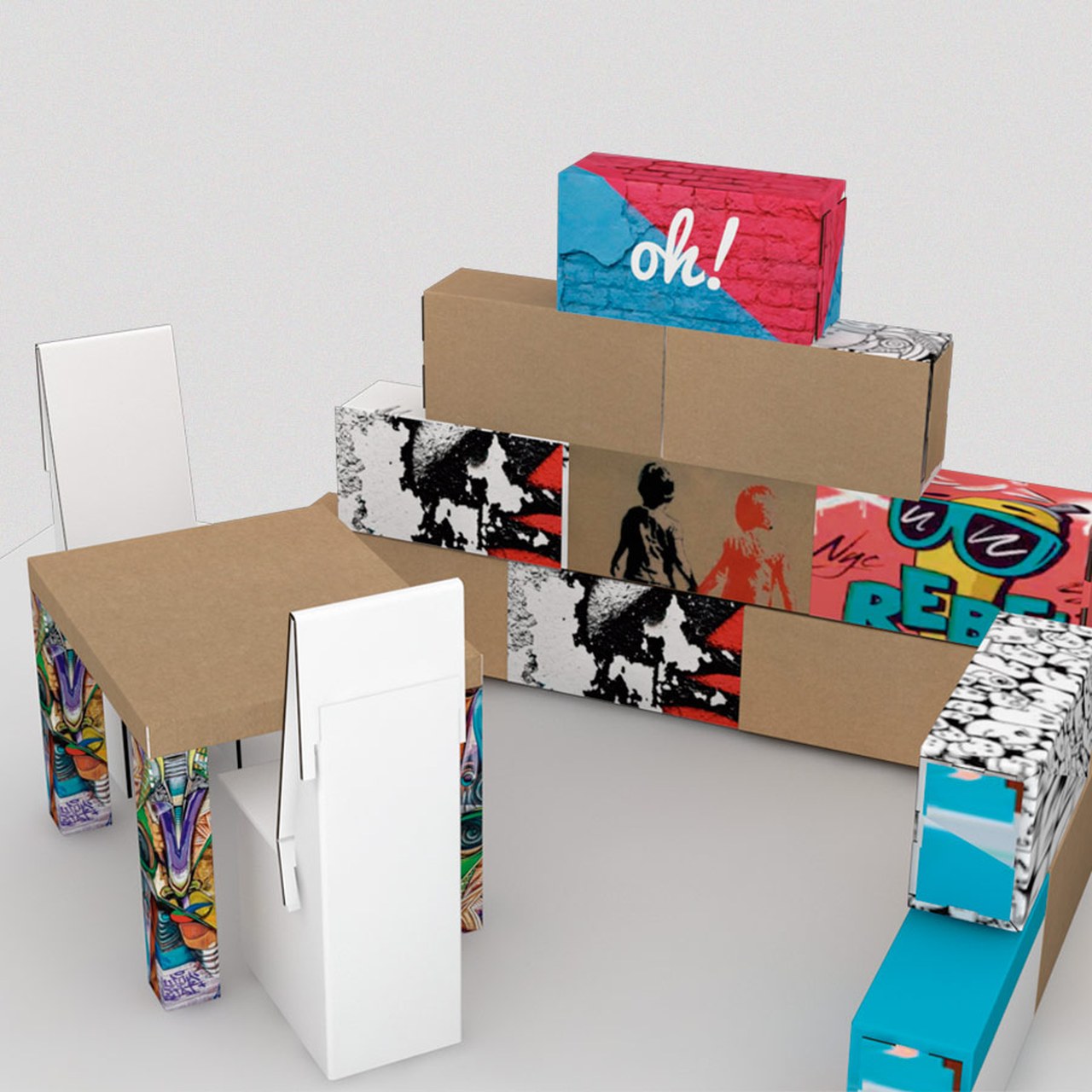 Tienda pop-up de cartón reciclado con cubos