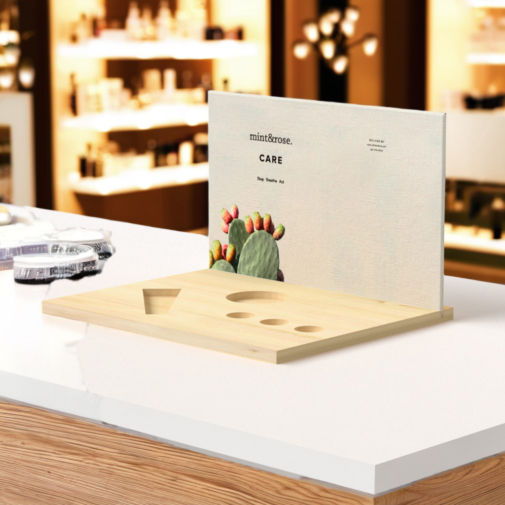 Display de madera en una tienda de cosmética