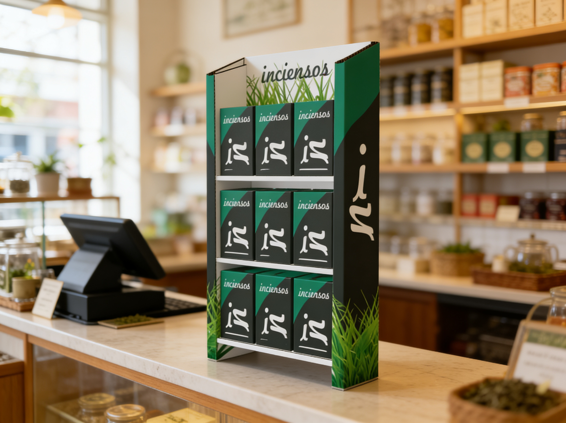 Expositor de cartón de mostrador para infusiones en herboristería