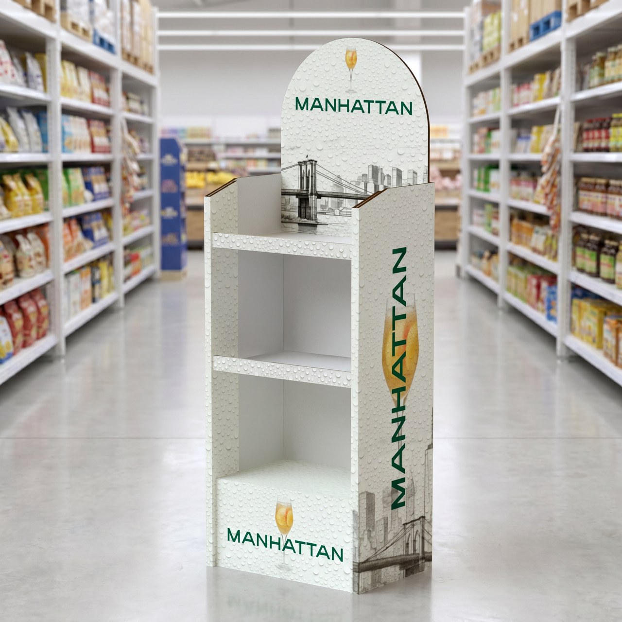 Expositor de cartón de gran formato en un pasillo de hipermercado