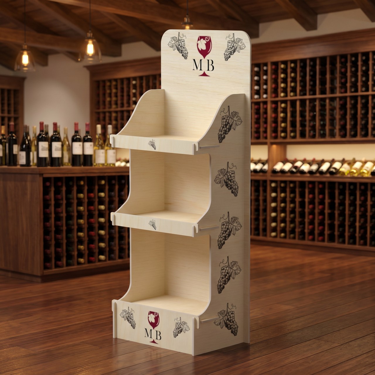 Expositor de madera para vino en una bodega