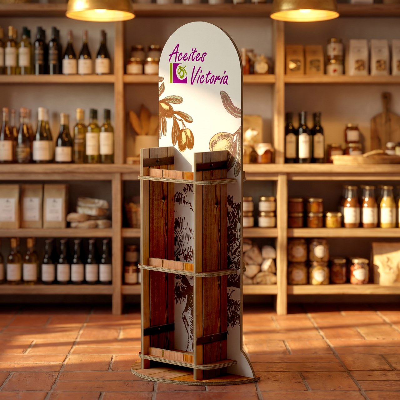 Expositor de suelo de cartón para aceite en una tienda gourmet